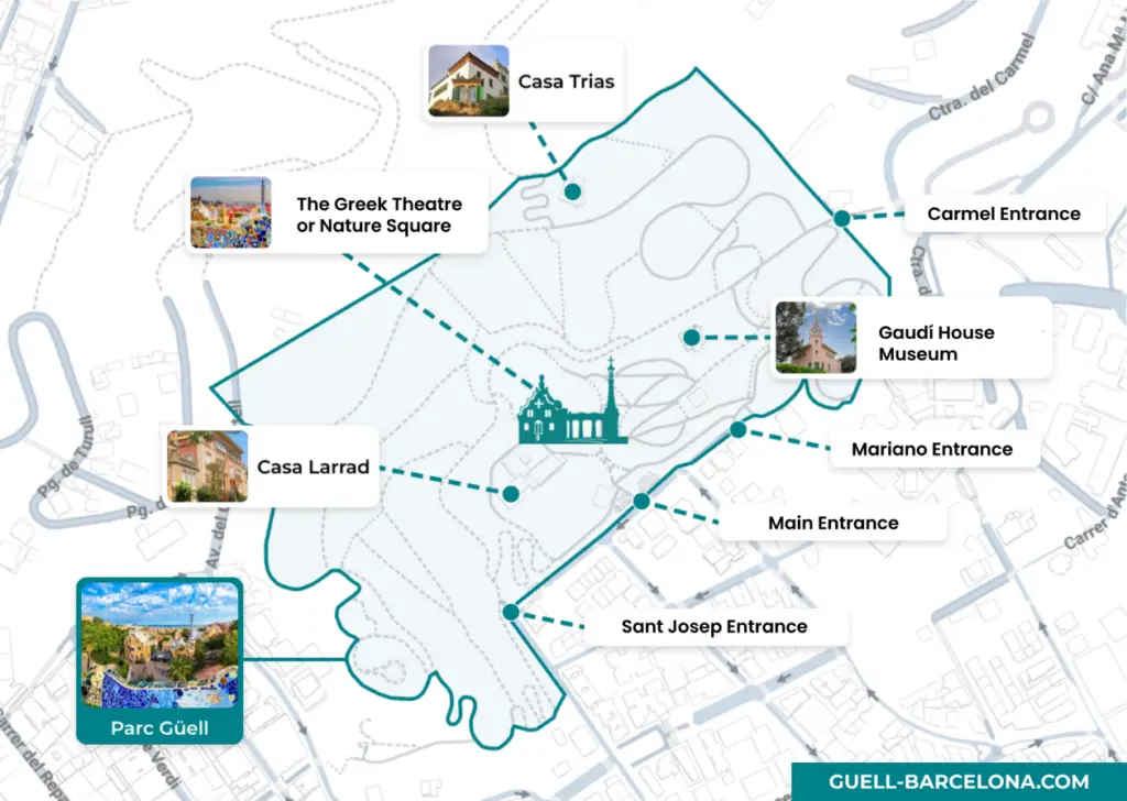 Map of Park Güell, Barcelona showing entrances, attractions, and routes.